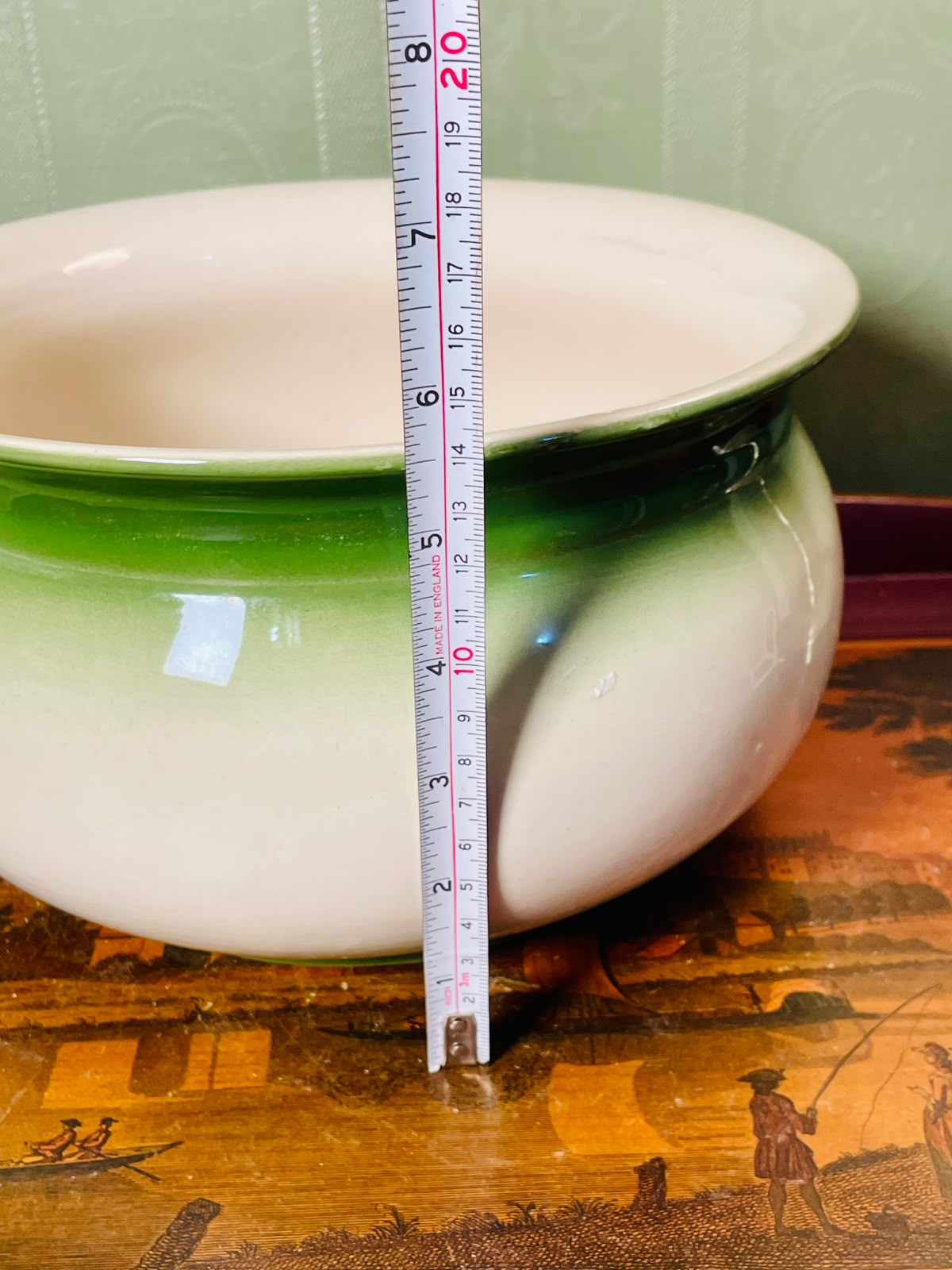 Green & Cream Handled decorative planter 11" Large