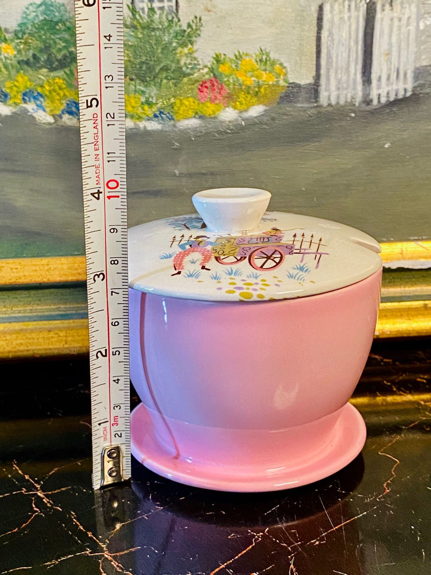 Mid-Century English Pink Ceramic Sugar Bowl with Lid – Street Musician Design