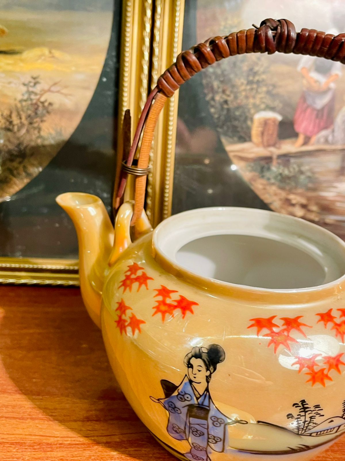 Vintage Japanese Style Ceramic Teapot with Bamboo Handle – Hand-Painted Geisha & Maple Leaves