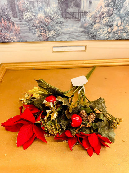 Vintage Red Poinsettia Pine Cone Floral Spray 10.5 inches