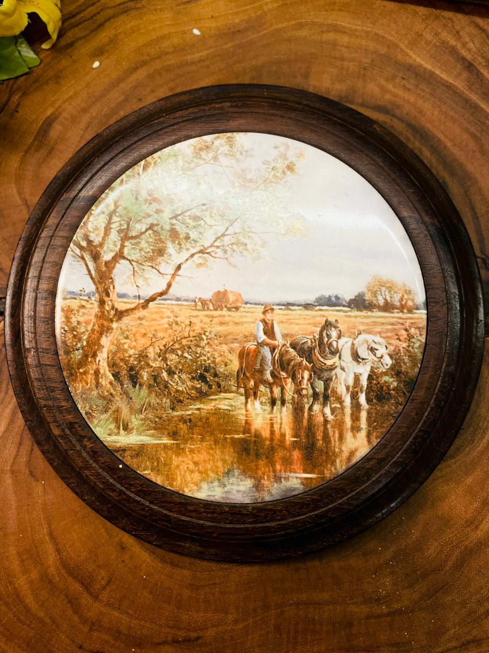 Vintage Round Equestrian Wall Plaque in Chestnut Frame