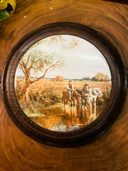 Vintage Round Equestrian Wall Plaque in Chestnut Frame