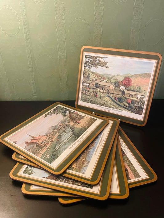 Set of 6 Vintage English Scenic Cork-Back Table Mats – Countryside Village Scenes