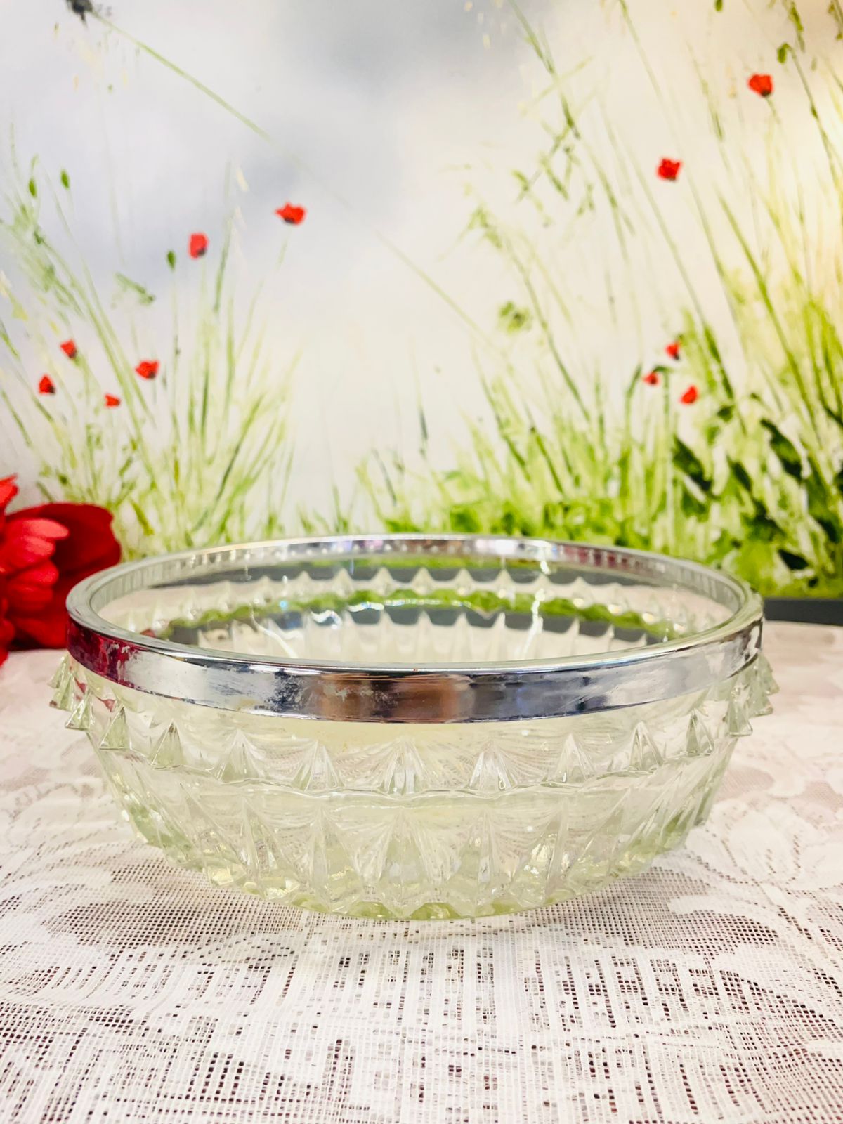 Vintage Large Cut Crystal Glass Bowl Silver Rim