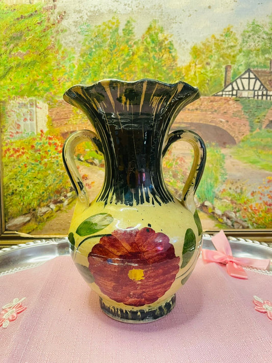 Mid-Century Hand-Painted Pottery Vase with Double Handles – Vintage Art Decor
