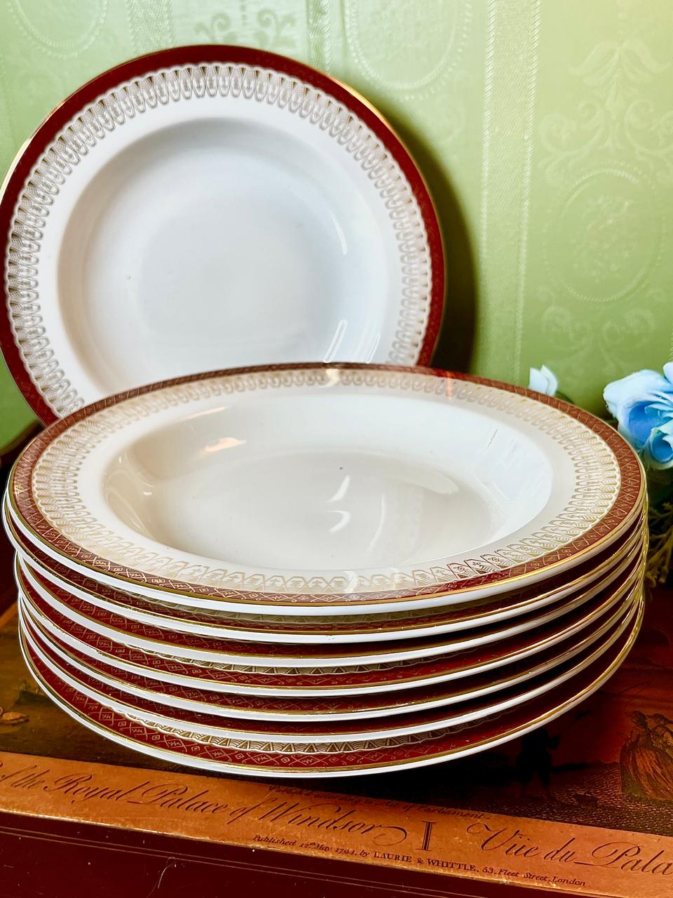 Red & Gold Border Deep Plates Set of 8 Approx. 9 Inch