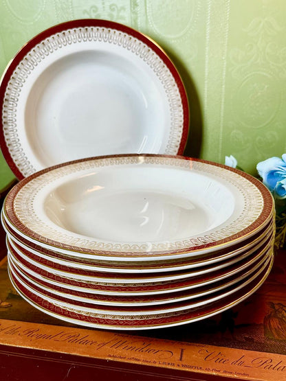 Red & Gold Border Deep Plates Set of 8 Approx. 9 Inch