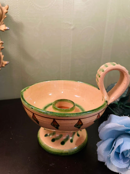 Vintage Hand-Painted Ceramic Chamberstick Candle Holder
