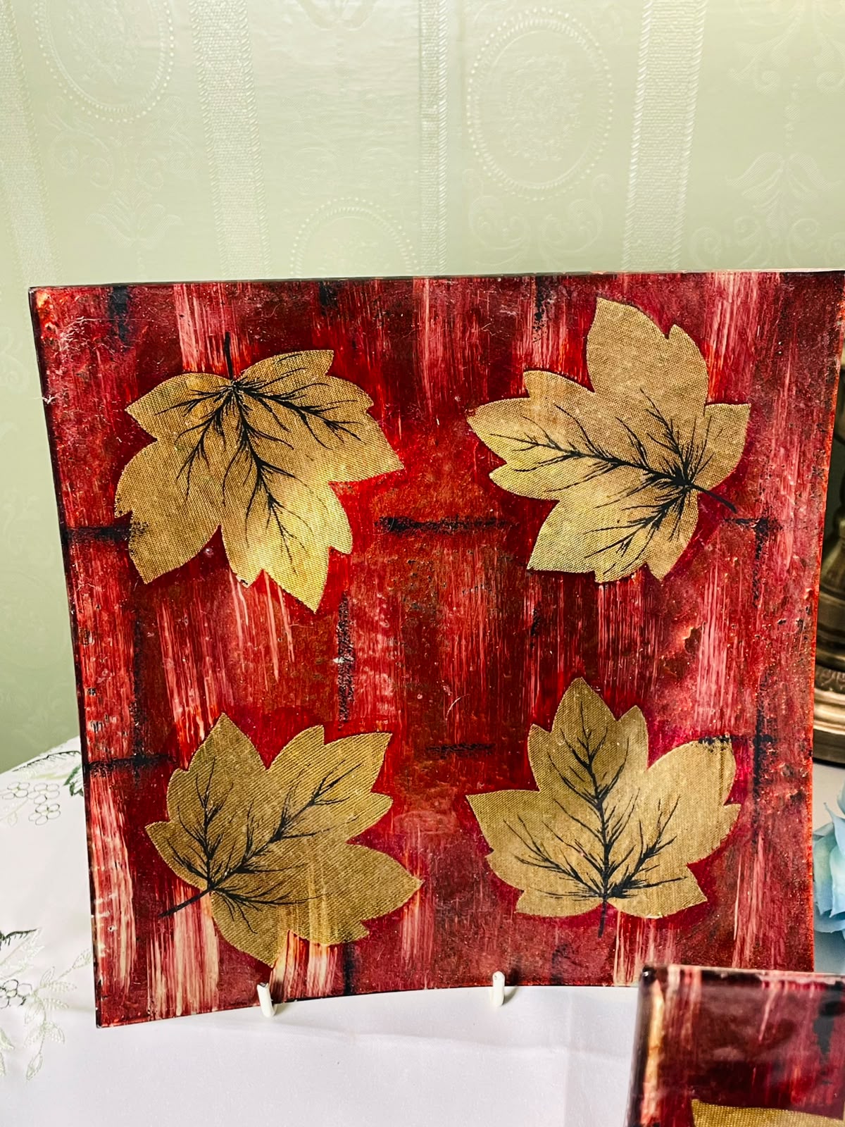 Set of 2 Red & Gold Leaf Glass Serving platter