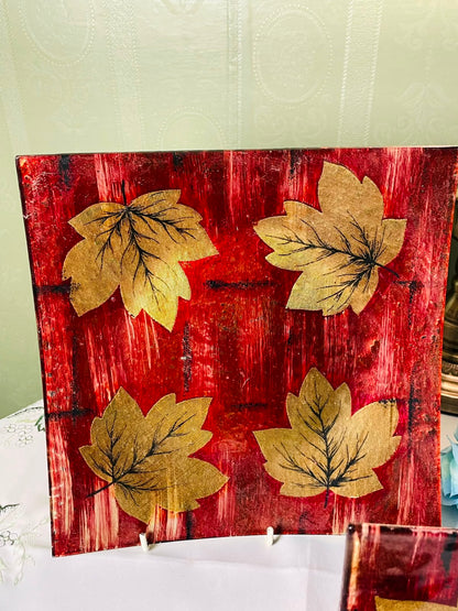 Set of 2 Red & Gold Leaf Glass Serving platter