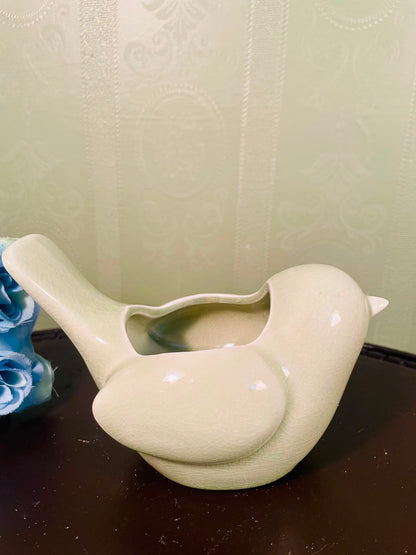 Vintage Ceramic Bird Planter – Cream Crackle Glaze, 6 Inch