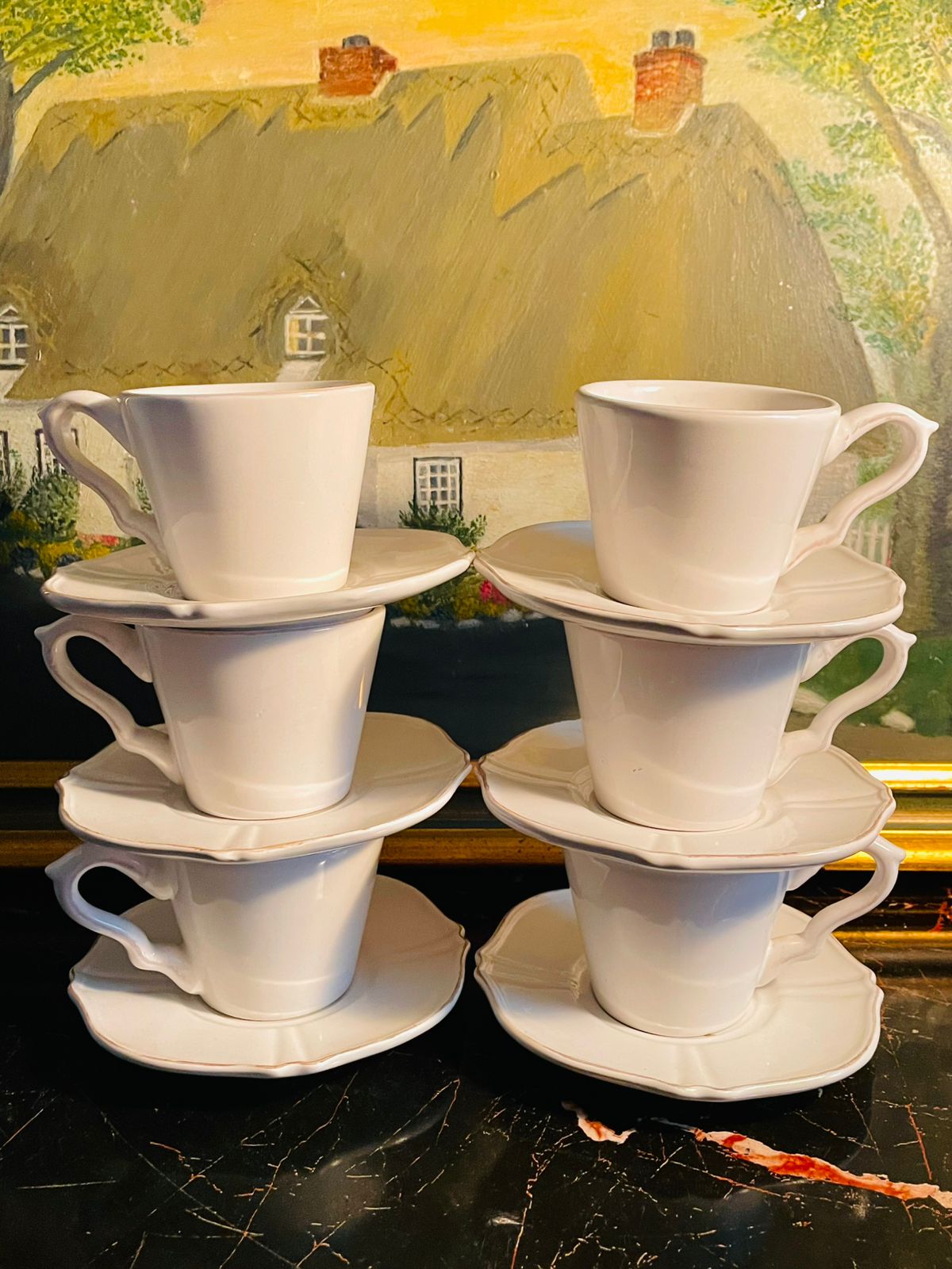 White Scalloped Coffee Cups & Saucers Set – English Tea Set – 6 Pieces