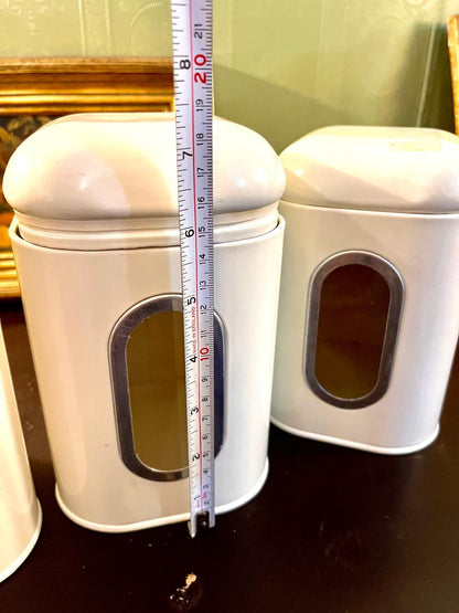 Vintage White Metal Kitchen Storage Jars Set with Viewing Window – Set of 3