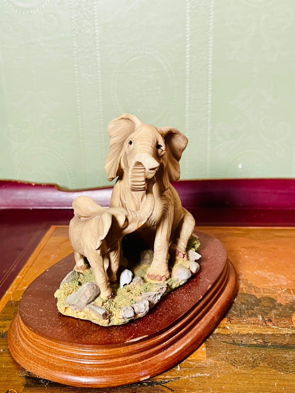Vintage Elephant Family Figurine on Wooden Base 6 Inch