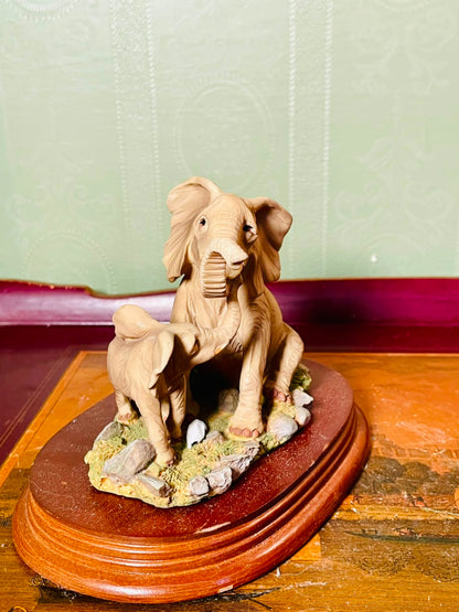 Vintage Elephant Family Figurine on Wooden Base 6 Inch