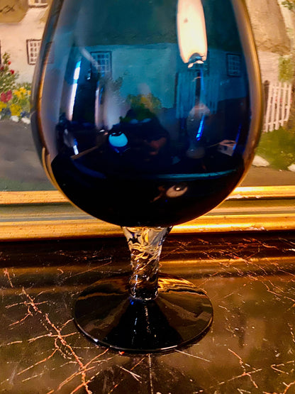Vintage Deep Blue Glass Brandy Snifter Vase – Twisted Stem Goblet Style – 8 Inches Tall