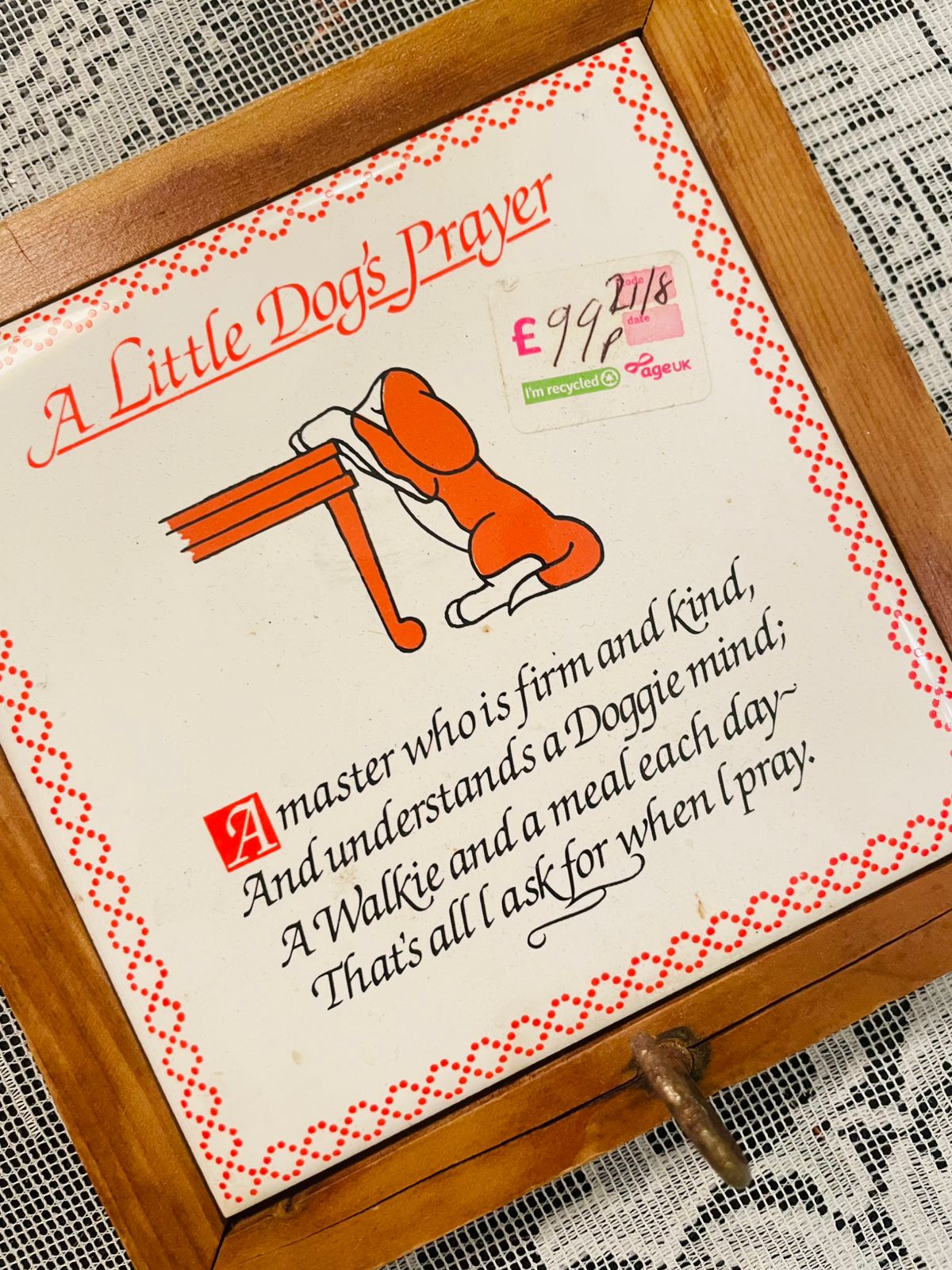 Vintage Little Dog’s Prayer Tile Plaque with Wooden Frame 5.5 inch