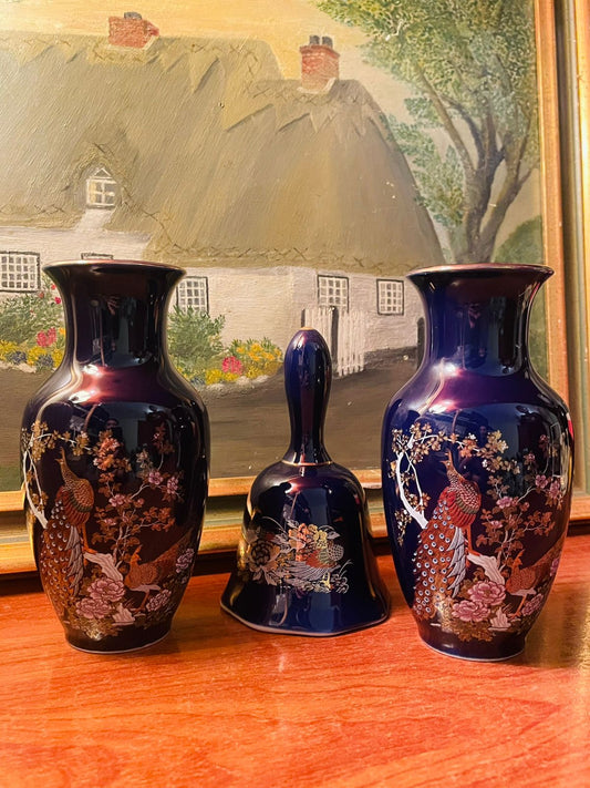 Antique 1960's Japanese Cobalt Blue Peacock Vases & Bell, Set of 3