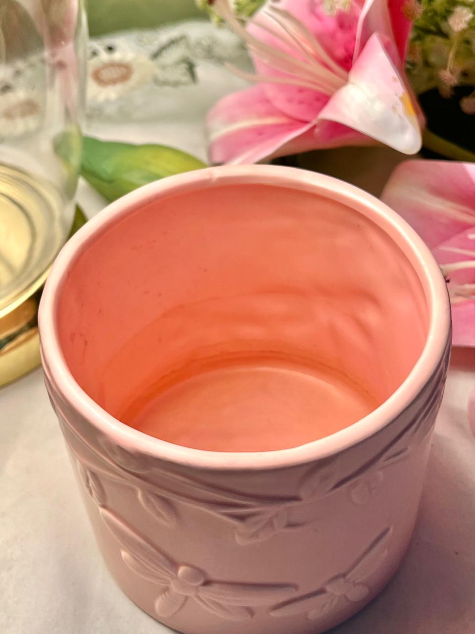 Pink Dragonfly Embossed Planter Pot – Approx. 4 Inch
