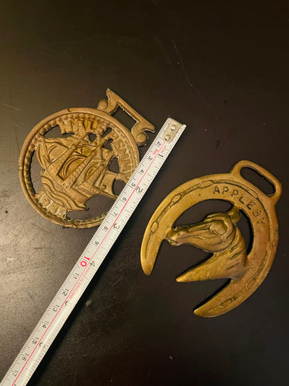 Vintage Brass Horse Medallion & Ship Trivet Set of 2