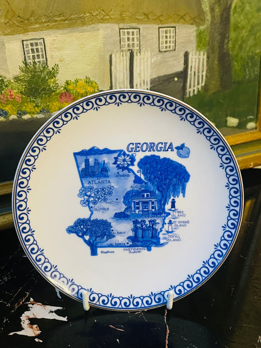 Vintage Georgia State Souvenir Plate – Blue & White Collectible Wall Décor