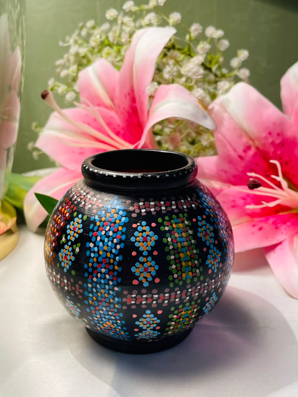 Hand painted Black Multicolour Dot Decorative Vase Approx. 9 cm