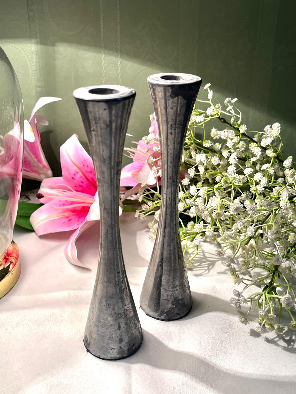 Pair of Silver-Tone Taper Candle Holders 8 Inch