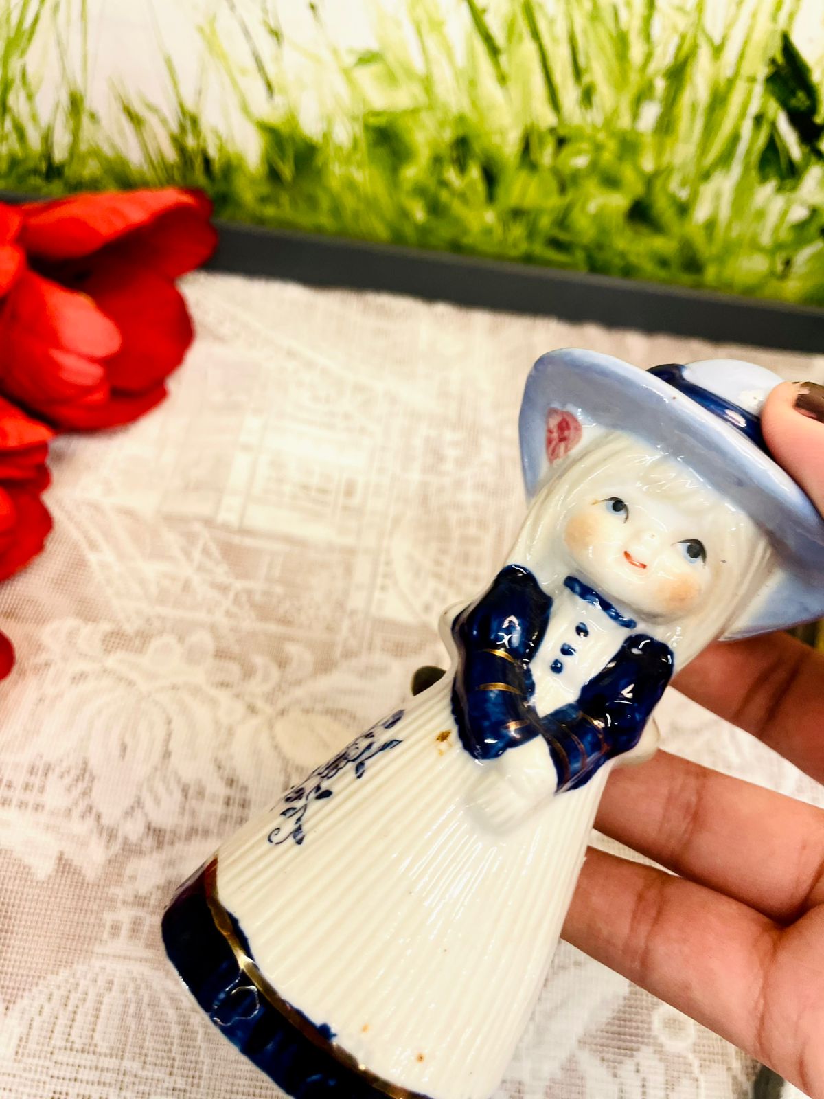 Vintage Blue & White Porcelain Lady Figurine Bell