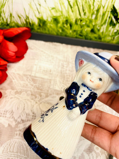 Vintage Blue & White Porcelain Lady Figurine Bell