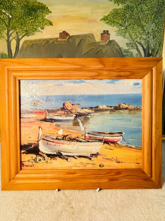 Robert Sills Original Oil Painting – Italian Fishing Boats | Vintage Framed Art from Gallery of California
