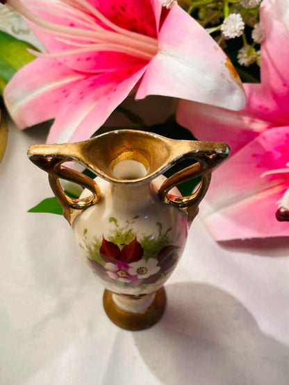 Cream Floral Decorative Vase with Gold-Tone Handles Approx. 12 cm