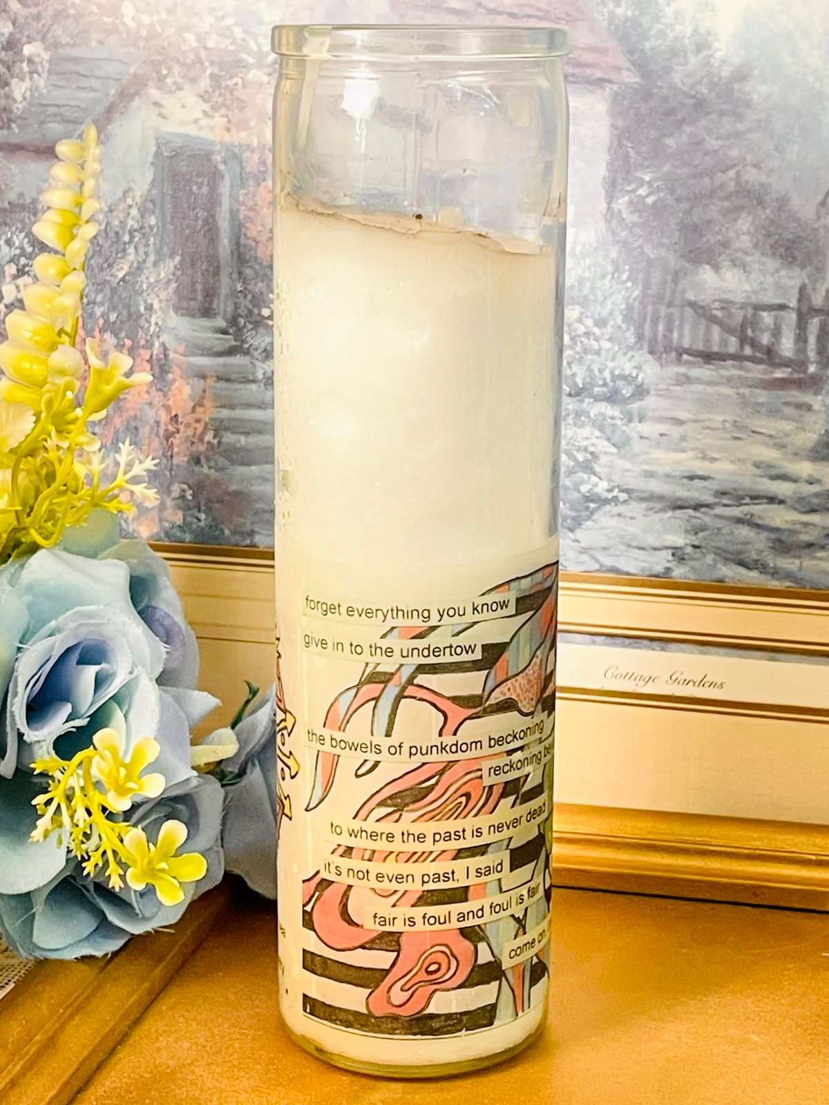 Tall White Candle jar with Artistic Label Home Decor