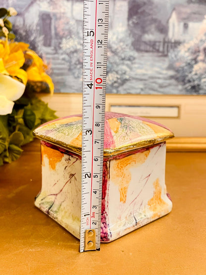 Vintage Hand Painted Ceramic Trinket Box Square Lidded Keepsake Box