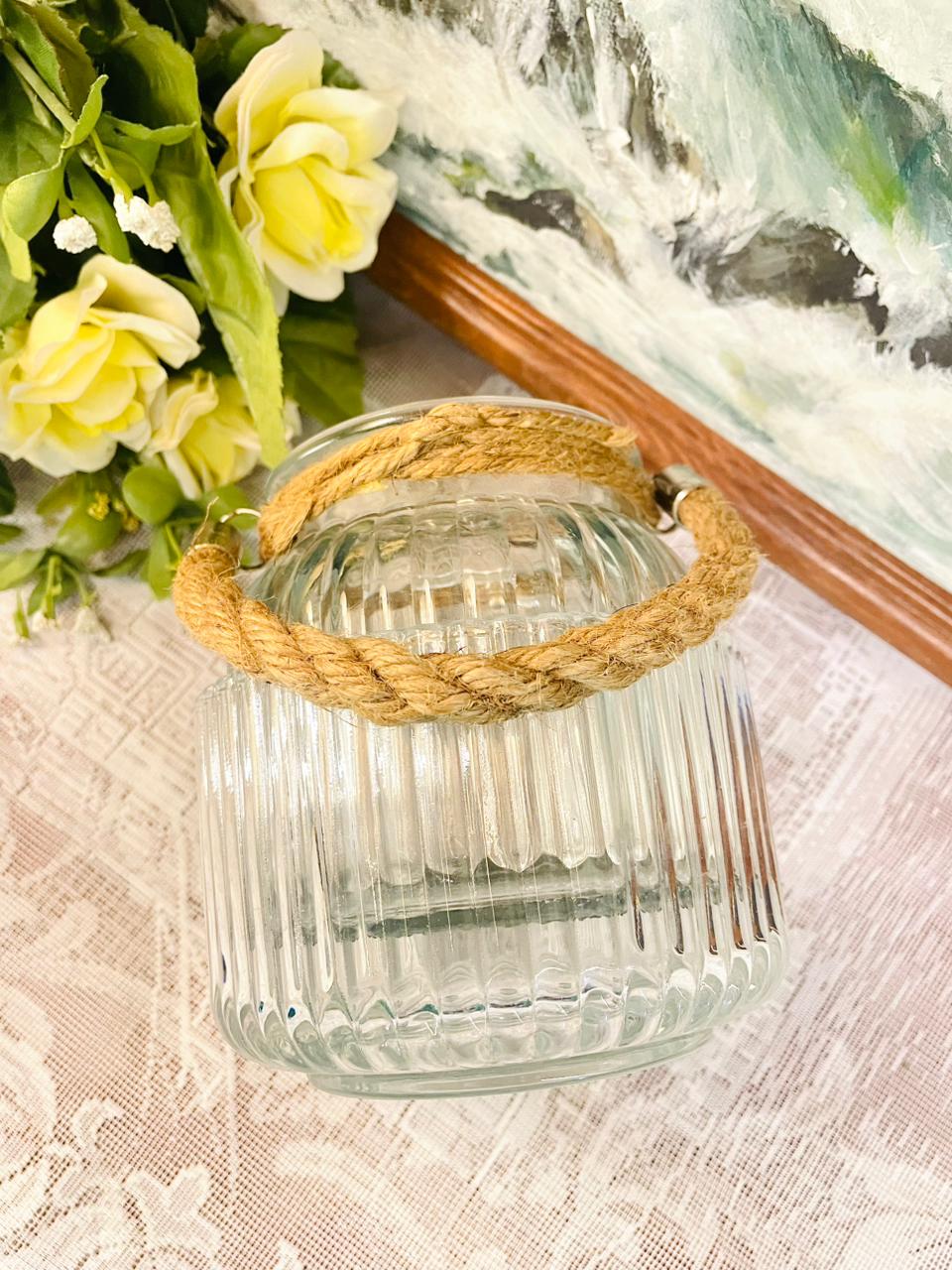 Ribbed Glass Lantern With Rope Handle