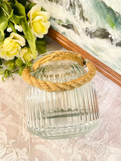 Ribbed Glass Lantern With Rope Handle