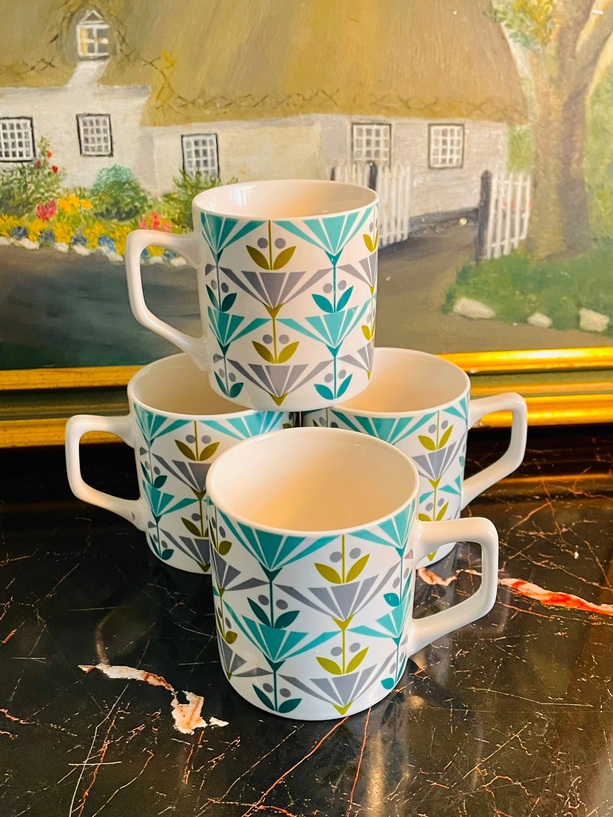 Modern Geometric Floral Fine Bone China Mugs – Set of 4 – Home Box