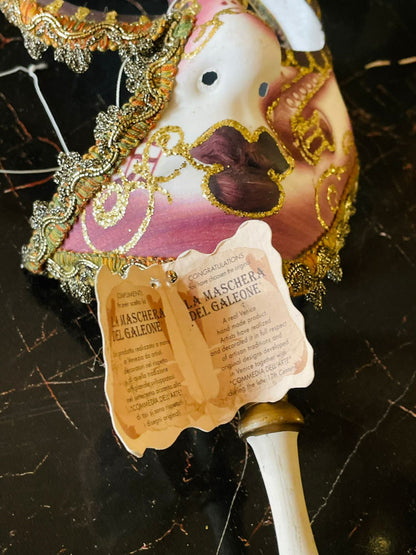 Vintage Venetian Mask – “La Maschera Del Galeone” – – Pink & Gold – Made in Italy