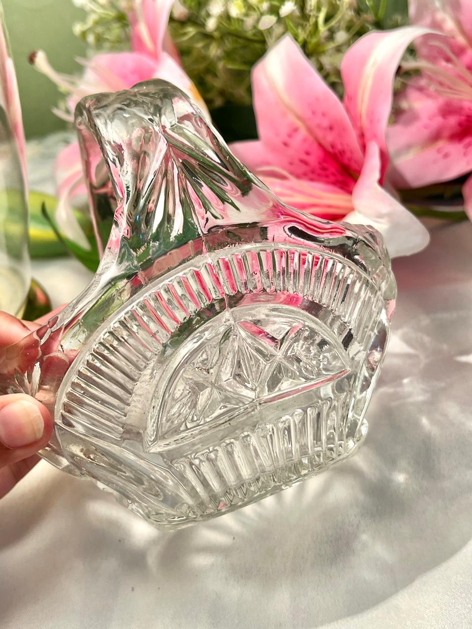 Vintage Clear Crystal Basket with Handle – 7 x 5.5 Inch