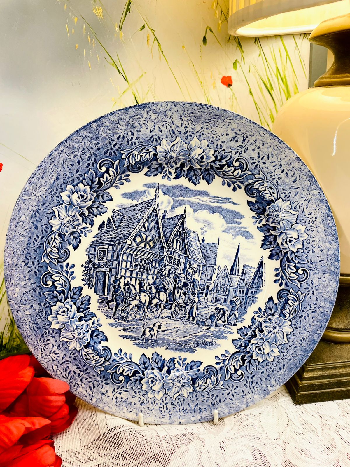 Large Blue and White Decorative Wall Plate Continental Village Scene 11 Inch