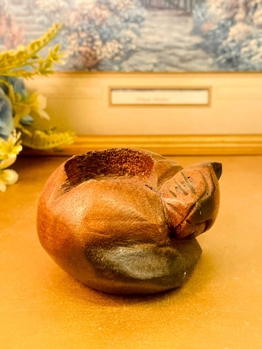 Hand Carved Wooden Cat Ashtray Vintage Decor