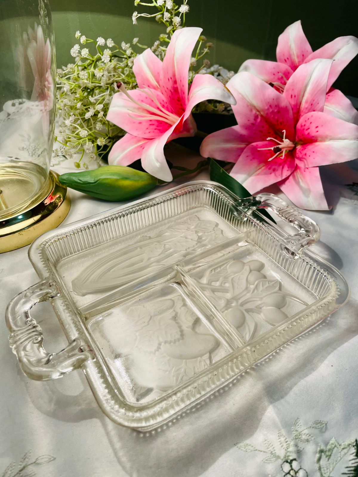 Clear Crystal Divided Serving Tray with Handles 8 in