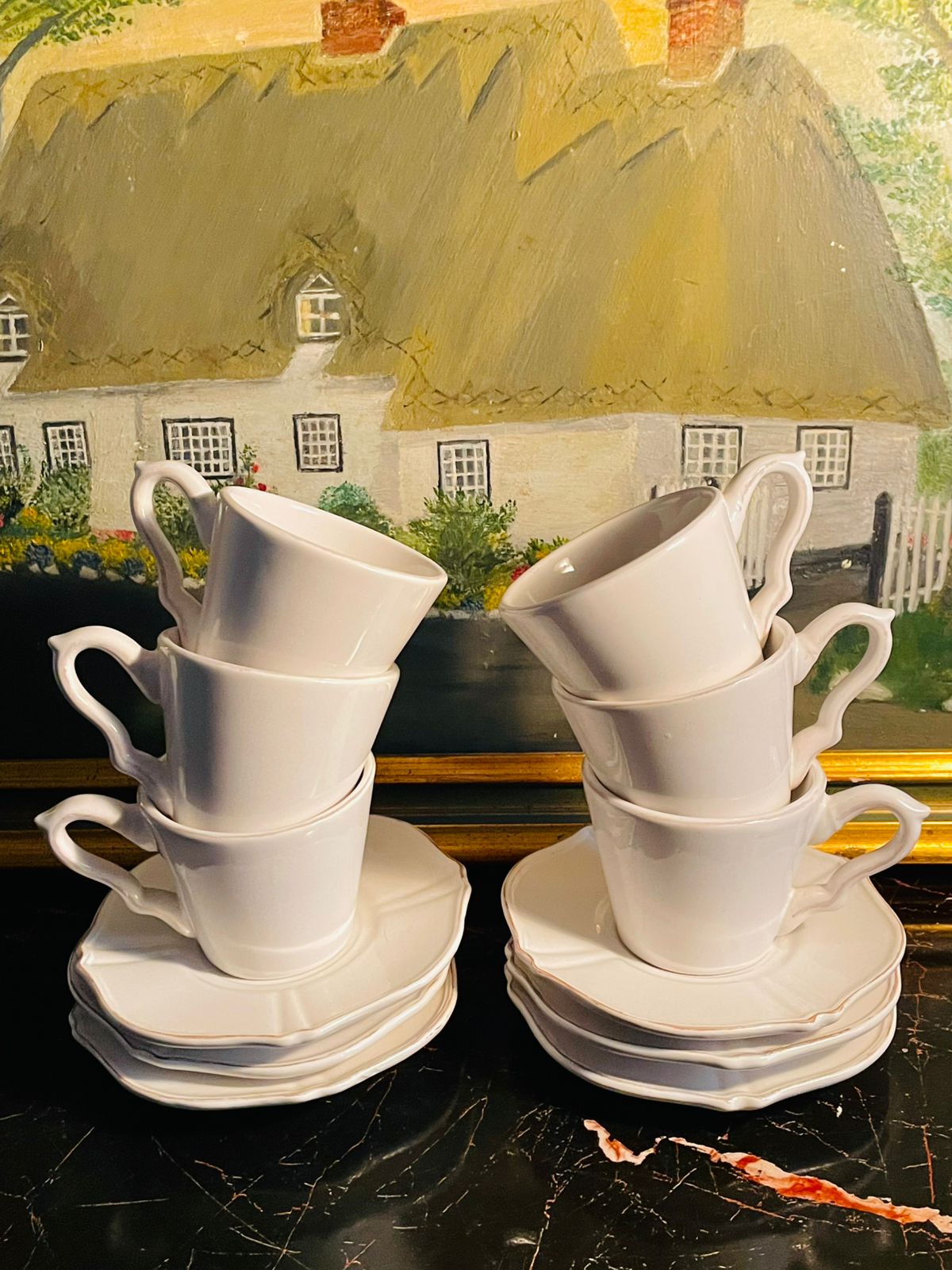 White Scalloped Coffee Cups & Saucers Set – English Tea Set – 6 Pieces