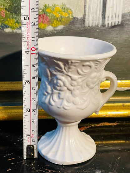 Vintage White Ceramic Urn Vase with Dual Handles – Grape & Leaf Relief Design