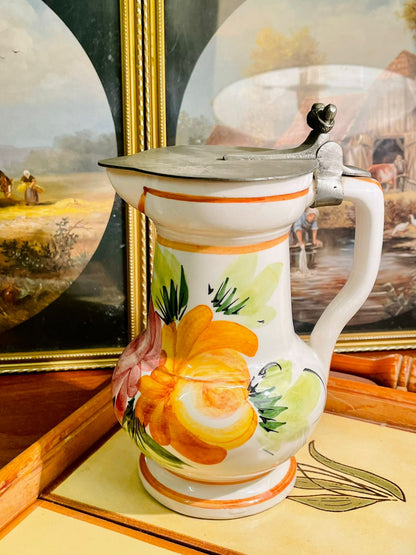 Vintage Hand-Painted Ceramic Jug with Pewter Lid – Floral Design