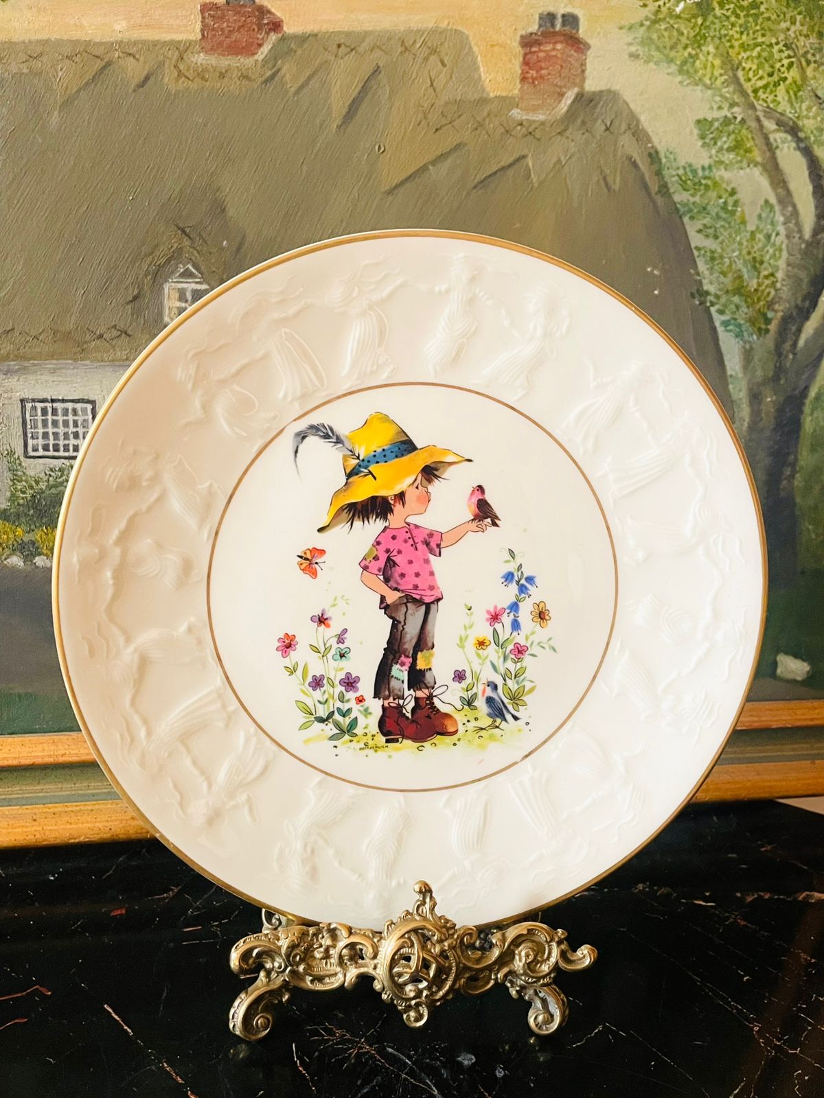 royal albert collectible plate, gott schliehen boy with bird, vintage royal albert england, bone china plate, english countryside decor, children art porcelain, collectible wall plate, fine china england, rare thrift find, sunset kitchen vintage collection