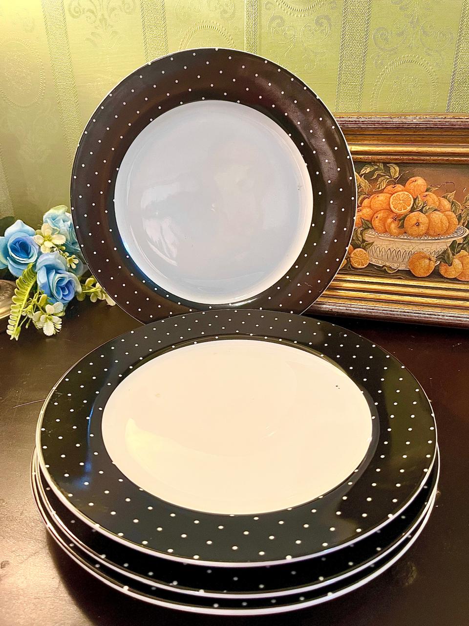 Set of 4 Black Polka Dot Dinner Plates – Ceramic Tableware