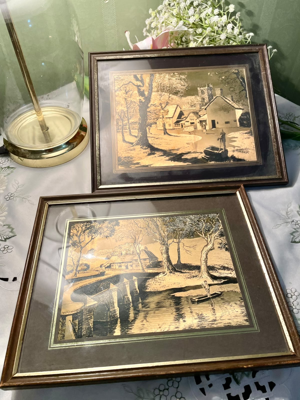 Vintage English Countryside Brass Etched Frames Pair Approx. 11 Inch