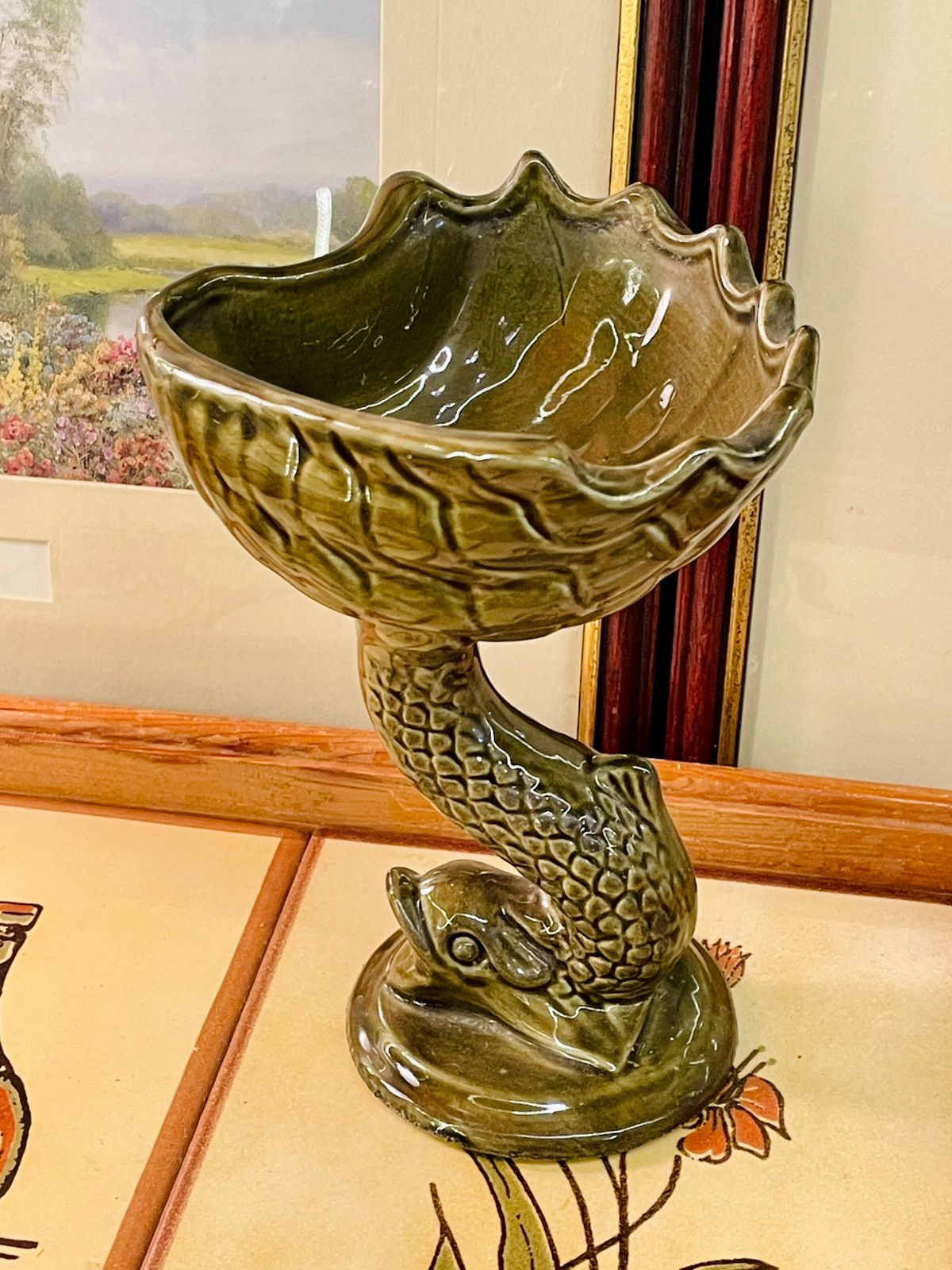 Dolphin Decor, Nautical Home Decor, Ceramic Pedestal Dish, Green Glazed Bowl, Vintage Trinket Dish, Coastal Style, Decorative Bowl, Animal Figurine Decor, Statement Decor, Ceramic Dolphin