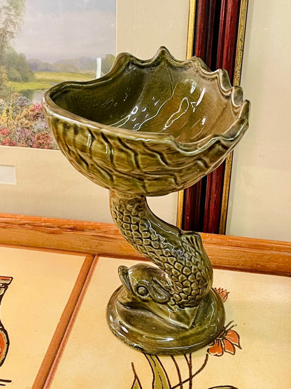 Dolphin Decor, Nautical Home Decor, Ceramic Pedestal Dish, Green Glazed Bowl, Vintage Trinket Dish, Coastal Style, Decorative Bowl, Animal Figurine Decor, Statement Decor, Ceramic Dolphin