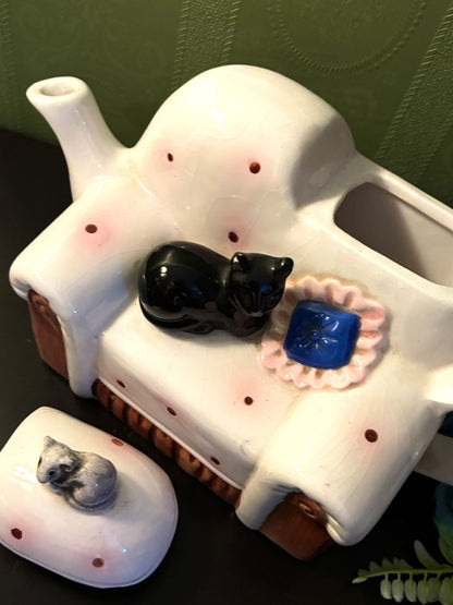 Vintage Cat Sofa Teapot Ceramic Whimsical Animal Tea Pot